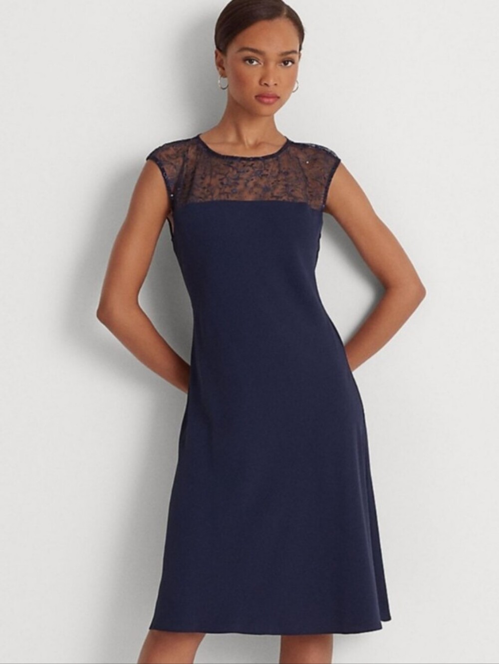 Lauren Ralph Lauren navy blue beaded yoke necklace cocktail dress